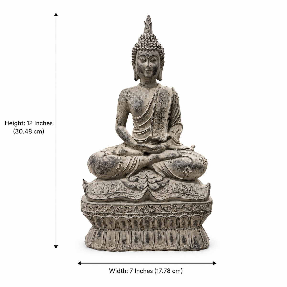 Buddha sculpture dimensions: 12 inches high and 7 inches wide