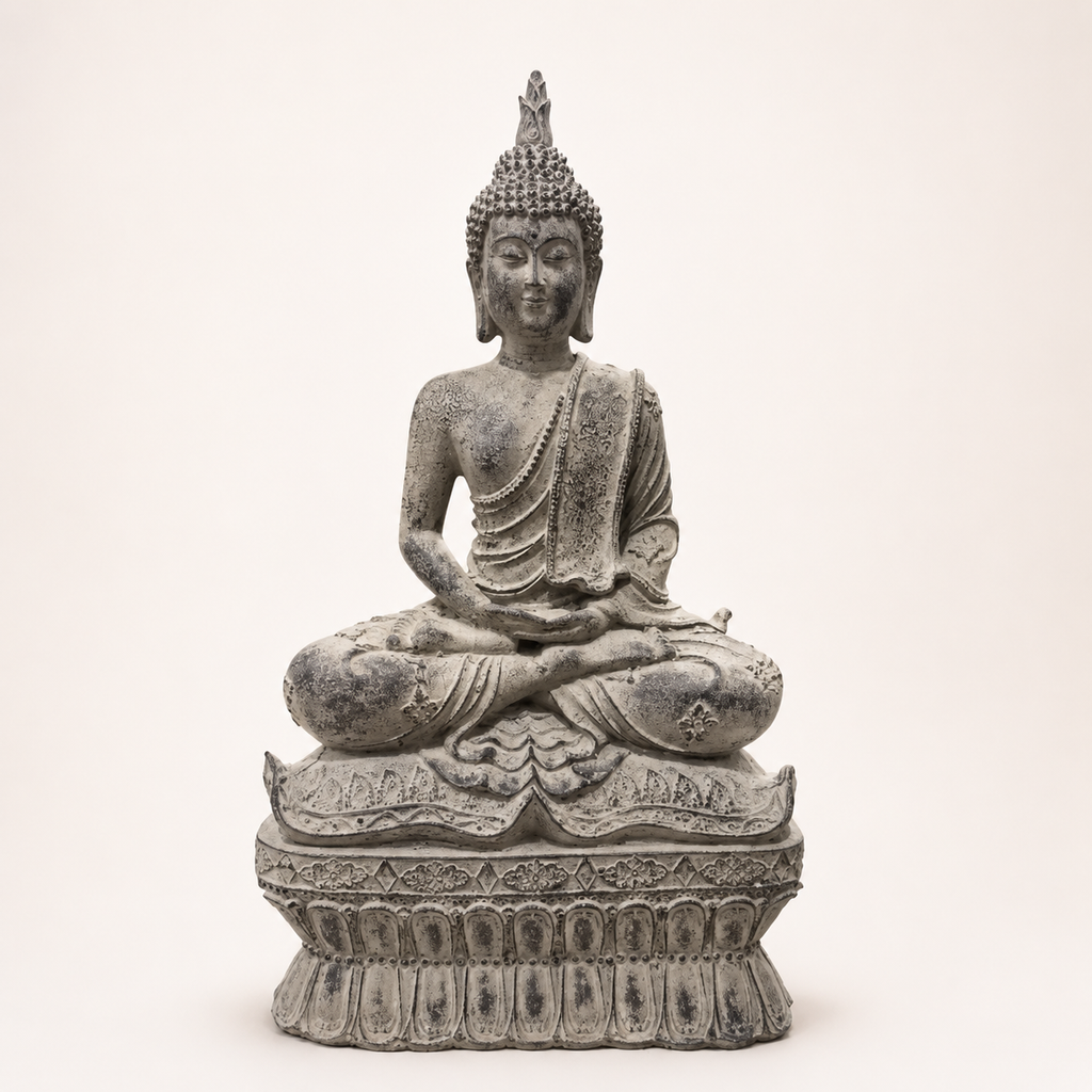 Antique-finish meditating Buddha sculpture, front view