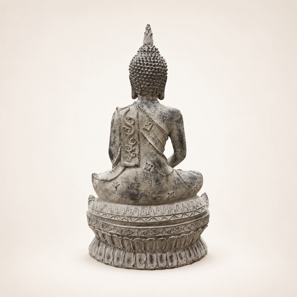 Antique-finish meditating Buddha sculpture, rear view