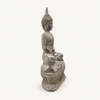 Antique-finish meditating Buddha sculpture, side view