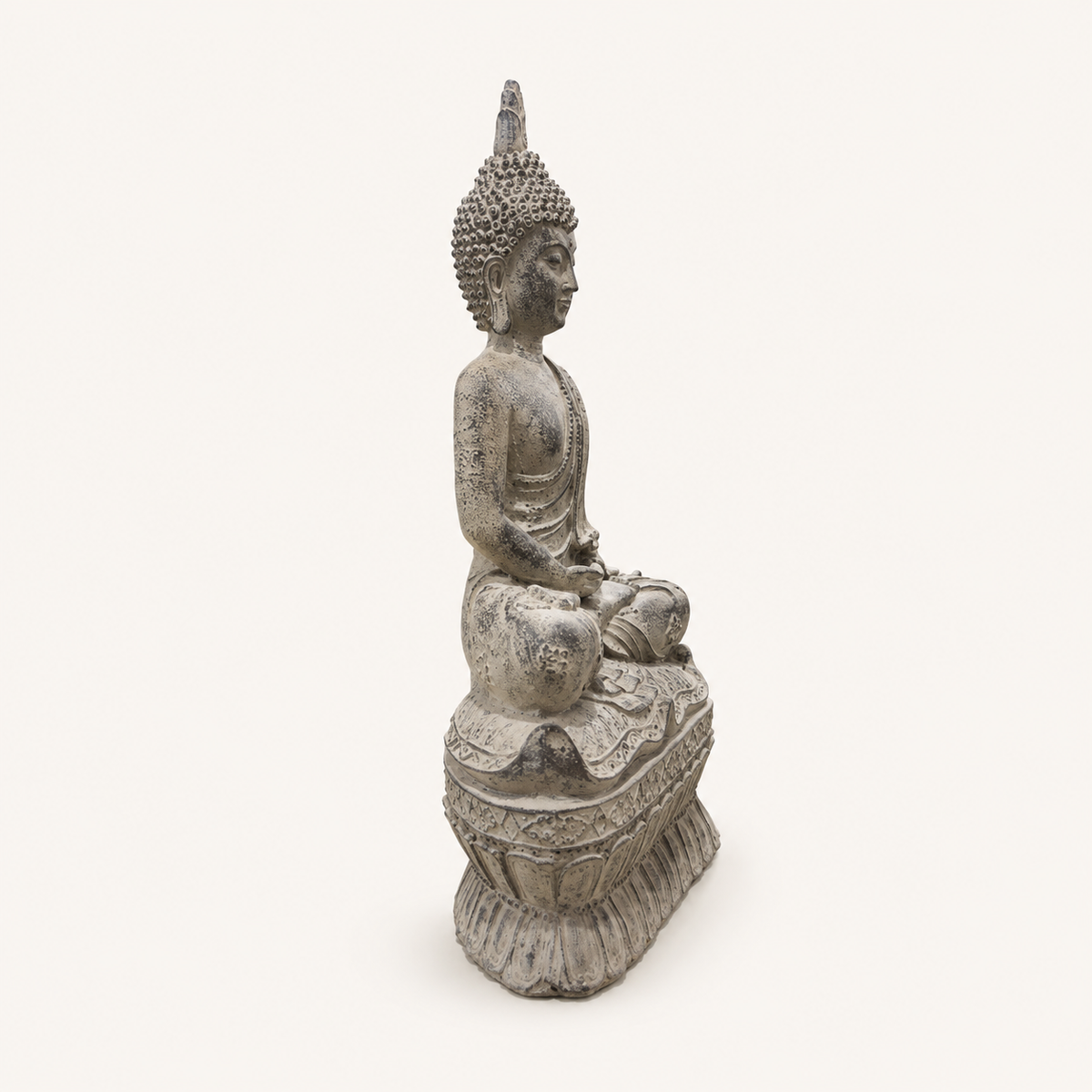 Antique-finish meditating Buddha sculpture, side view