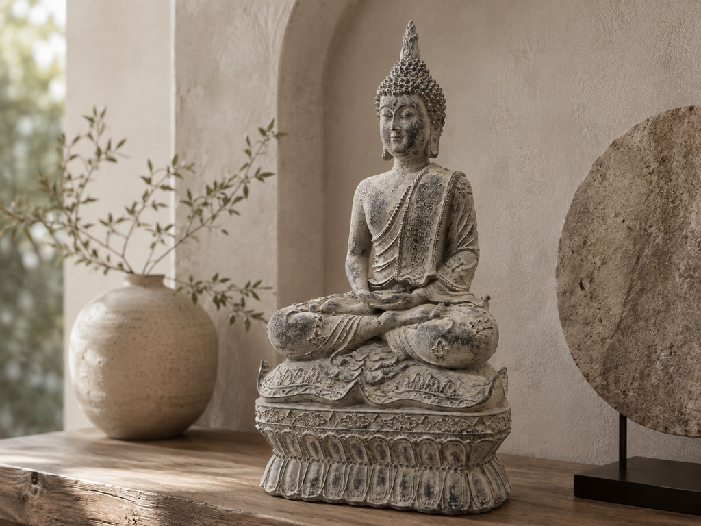 Antique-finish meditating Buddha sculpture styled on a wooden console