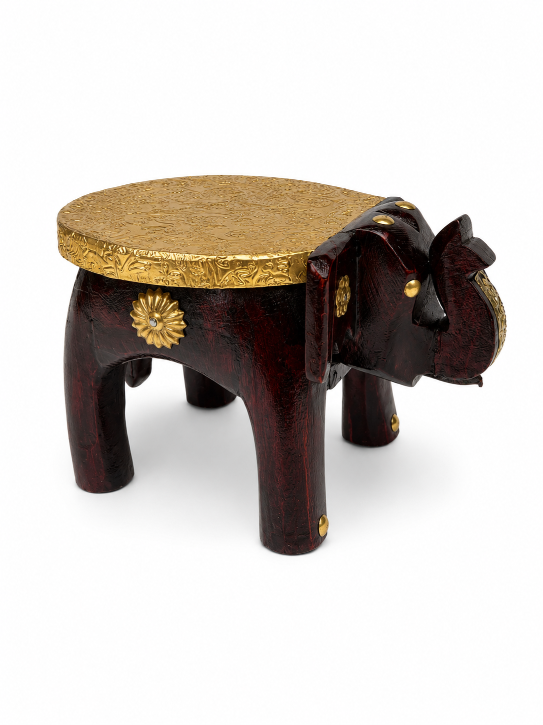 Rear angled view of elephant-shaped accent stand with gold-toned detailing