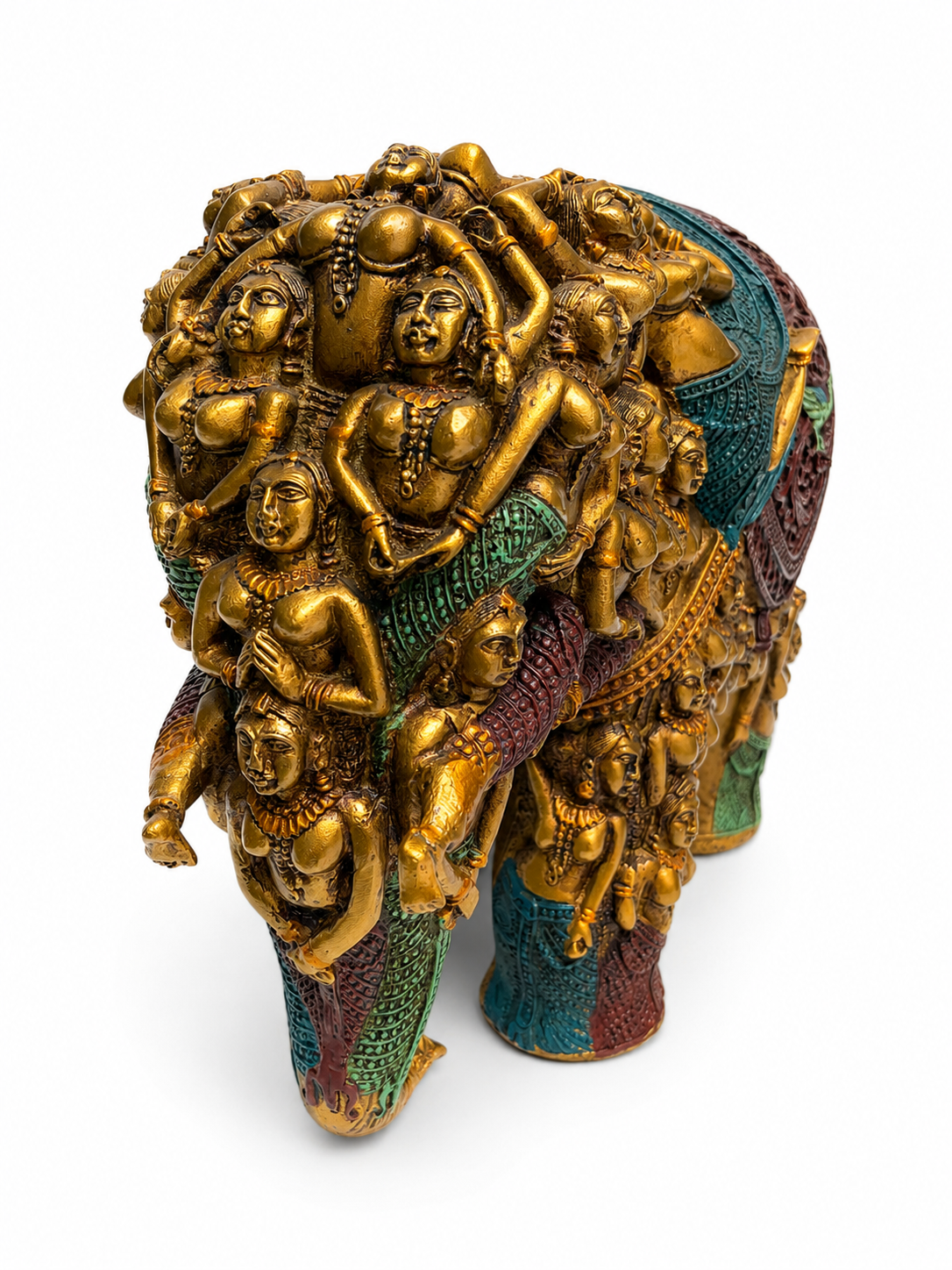 Front view of elephant sculpture with detailed human figure relief