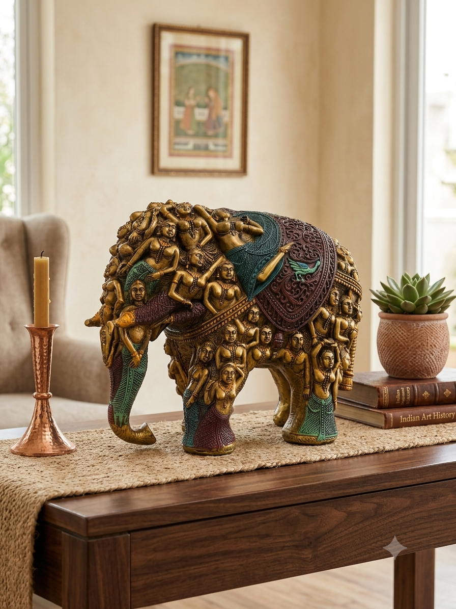 Antique gold figural elephant sculpture displayed in a warm home interior