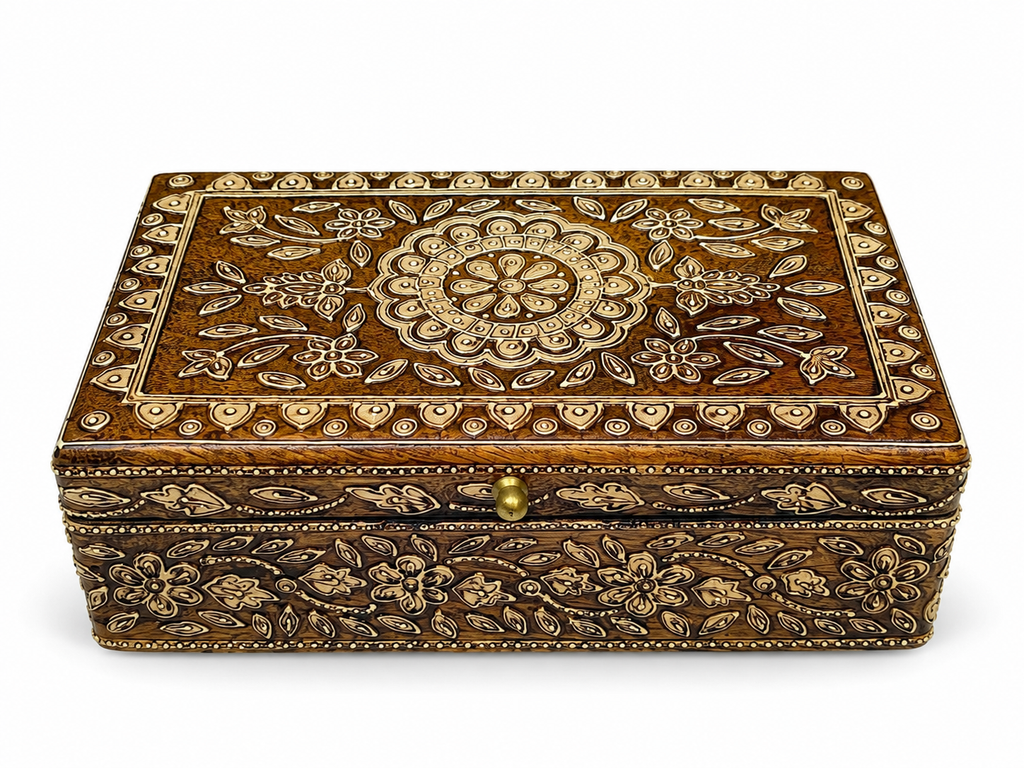 Front angled view of floral mandala decorative storage box
