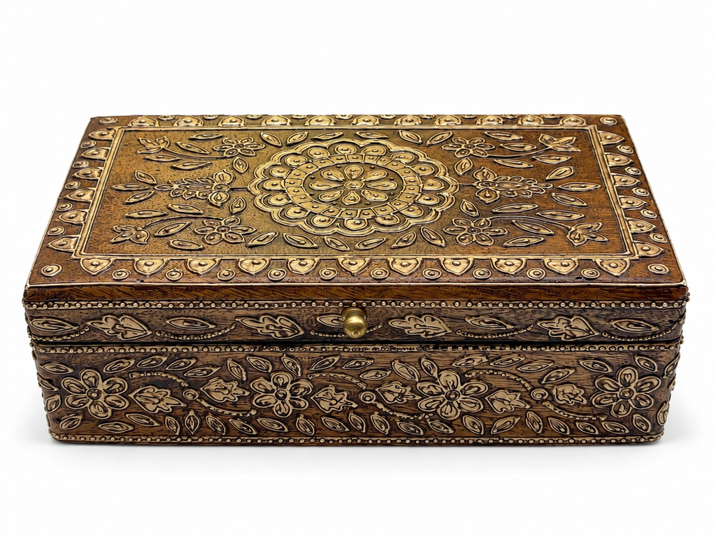 Front view of ornate floral keepsake box with antique gold detailing