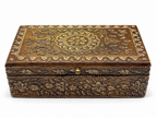 Front view of ornate floral keepsake box with antique gold detailing