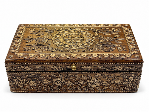 Front view of ornate floral keepsake box with antique gold detailing