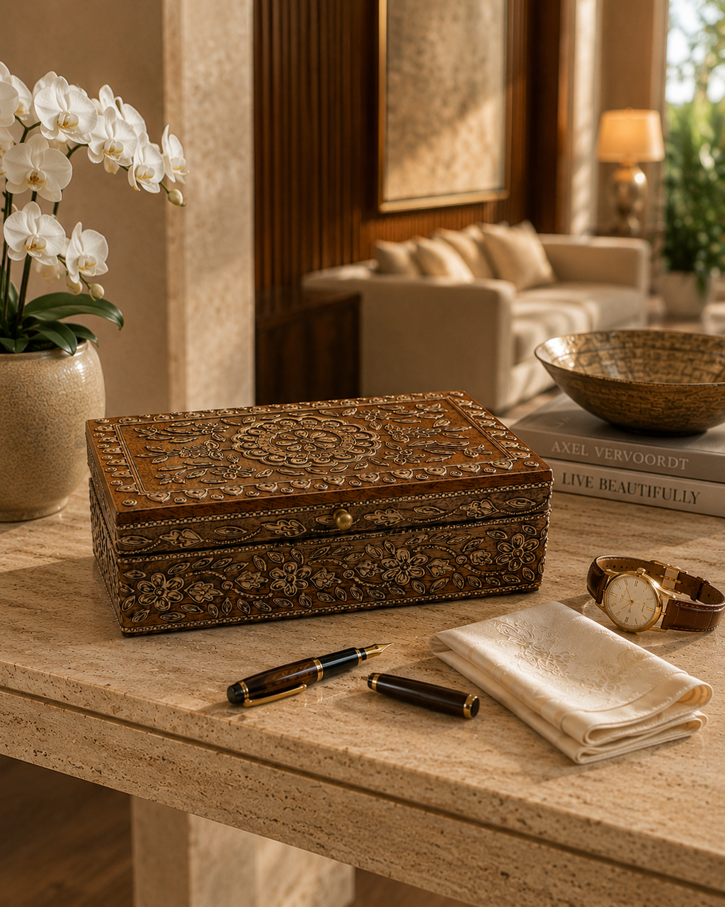 Antique gold floral keepsake box styled on an elegant tabletop