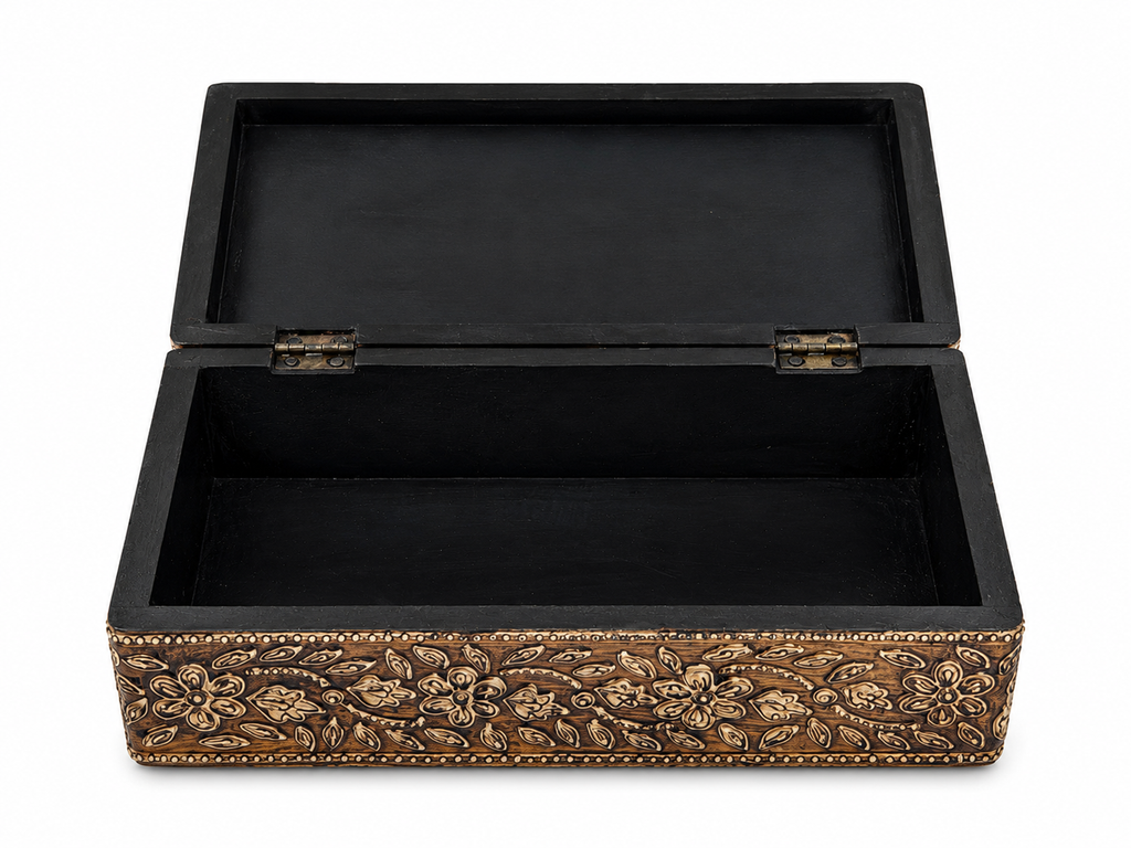Open decorative keepsake box showing its spacious dark interior