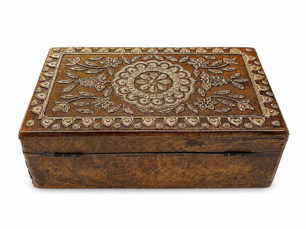 Rear view of antique gold floral keepsake box and hinges