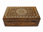 Rear view of antique gold floral keepsake box and hinges