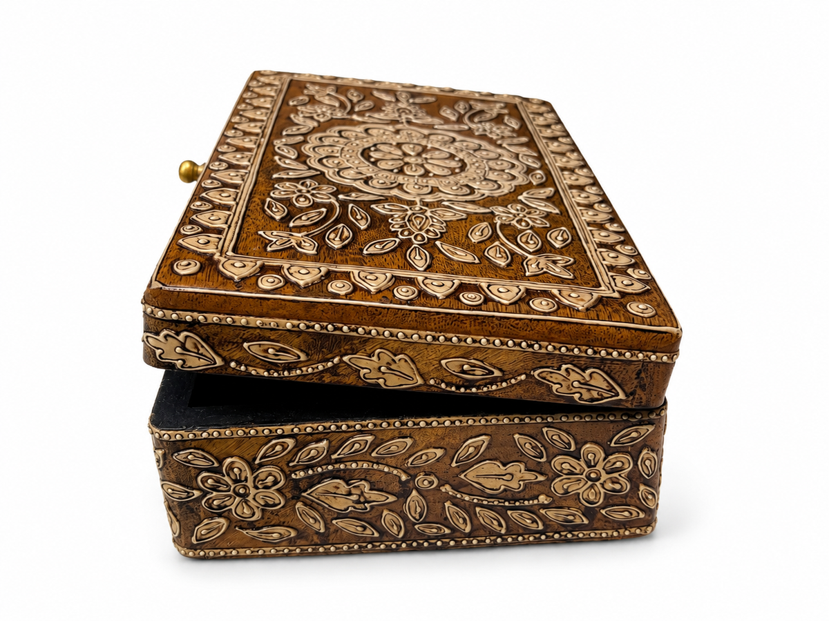 Side angle of ornate floral storage box with hinged lid