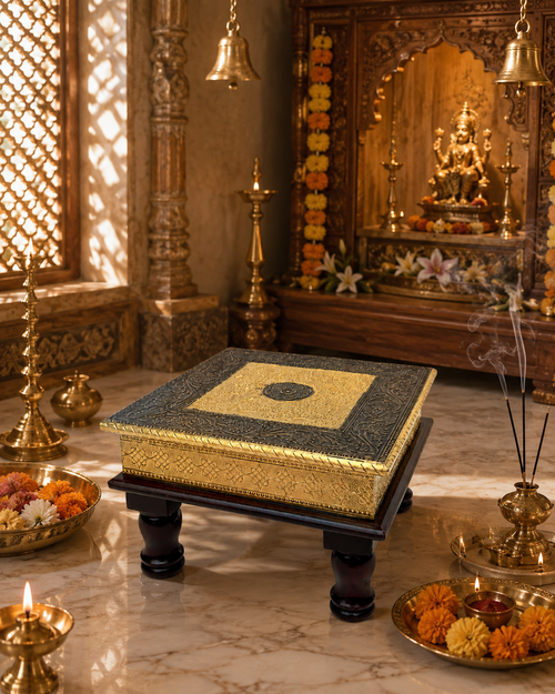Ornate puja chowki displayed in a traditional home temple setting