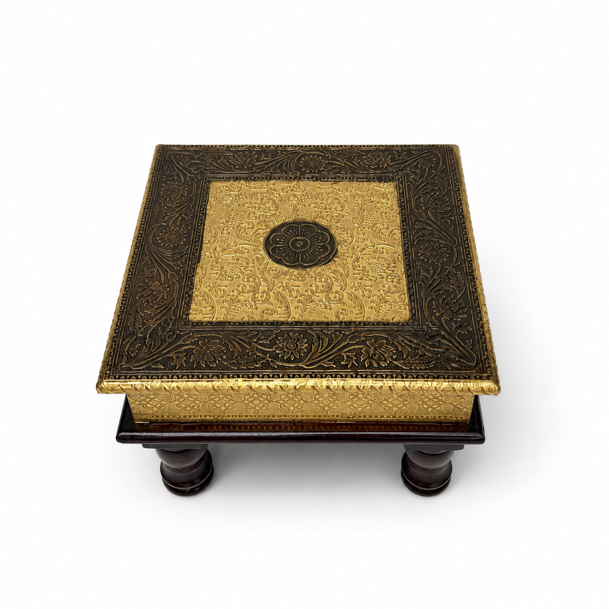 Top view of square embossed puja chowki with central floral medallion