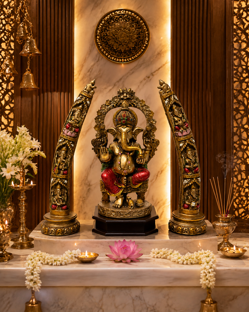 Ganesha decorative idol displayed in an elegant home temple setting