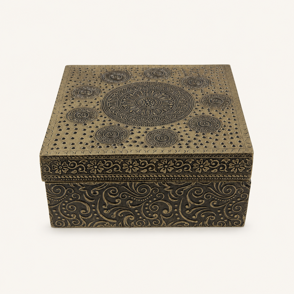 Front view of the Antique Gold Mandala Keepsake Box