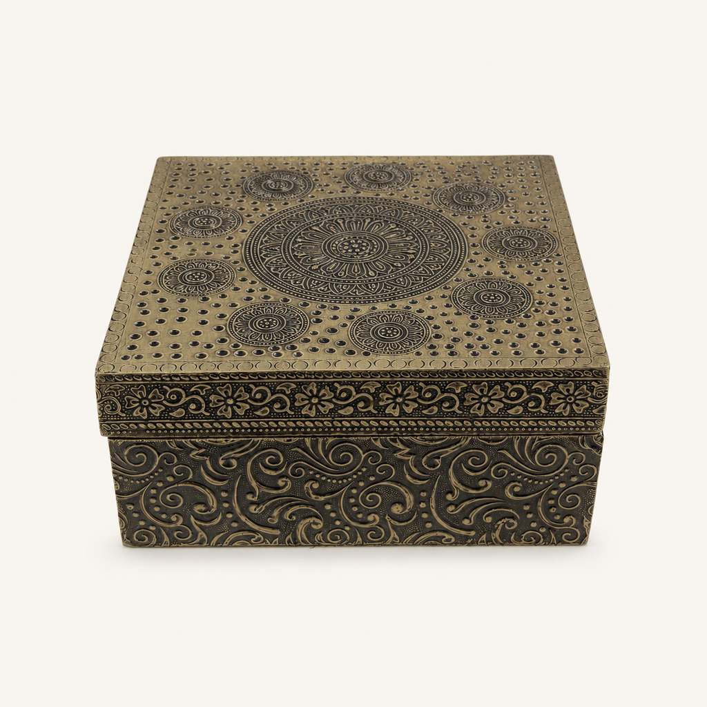 Front view of the Antique Gold Mandala Keepsake Box