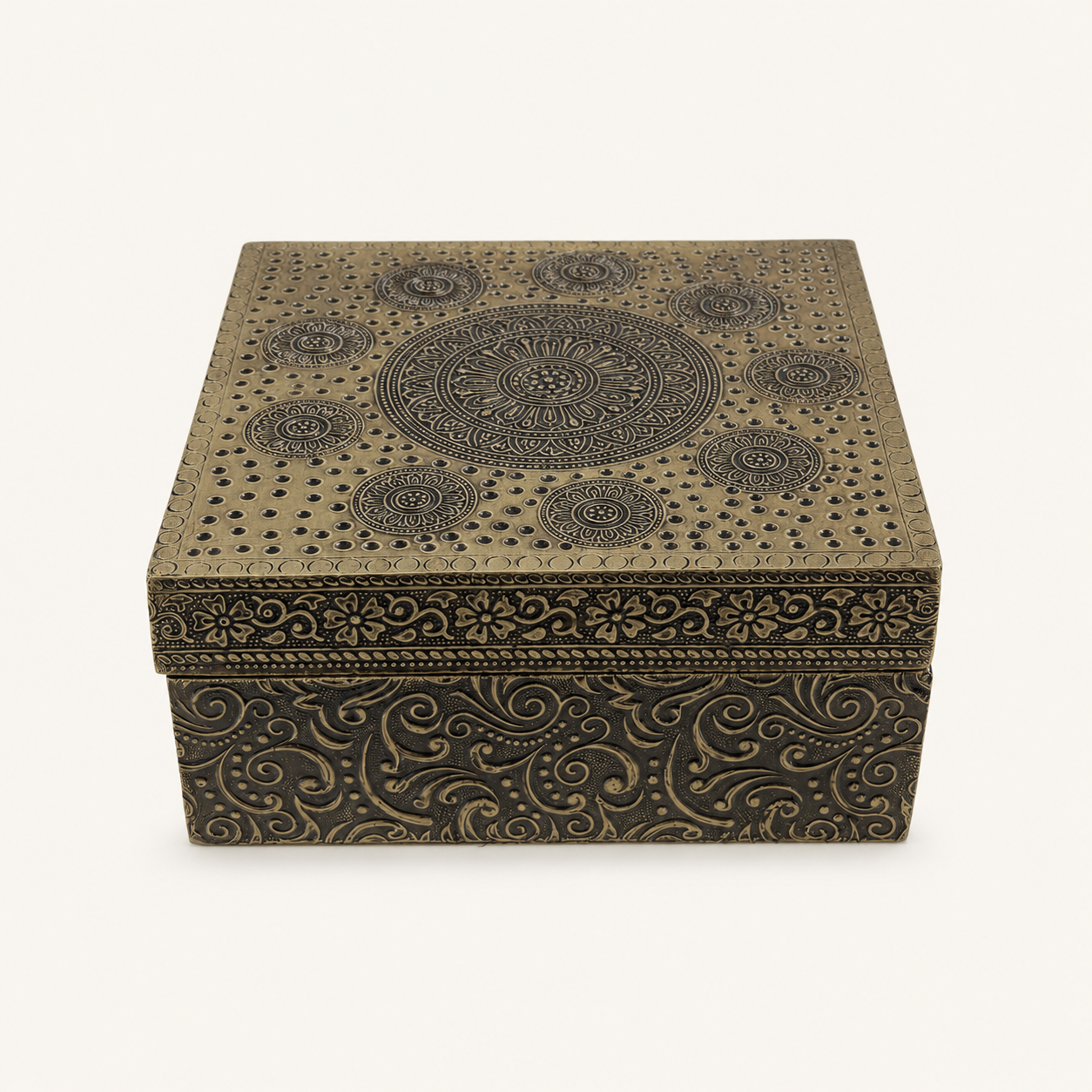 Front view of the Antique Gold Mandala Keepsake Box