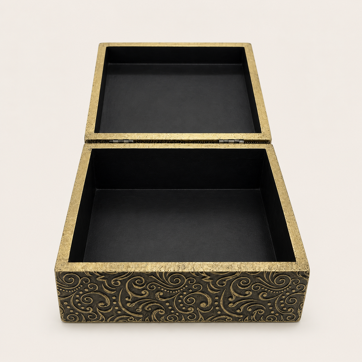 Open Antique Gold Mandala Keepsake Box showing the dark interior