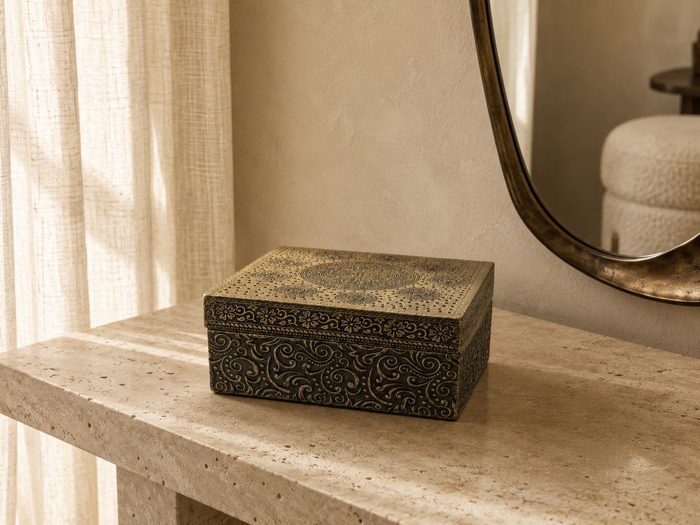 Antique Gold Mandala Keepsake Box styled on a console table