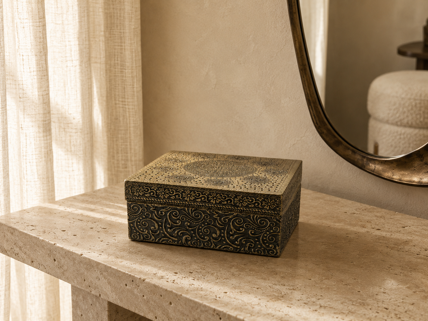 Antique Gold Mandala Keepsake Box styled on a console table