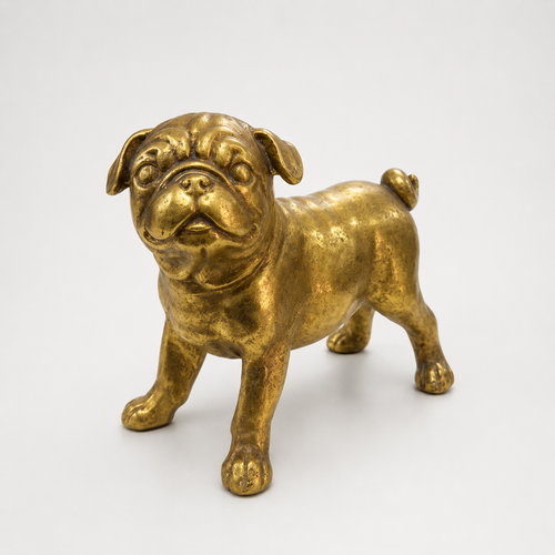 Antique gold standing bulldog sculpture, front three-quarter view