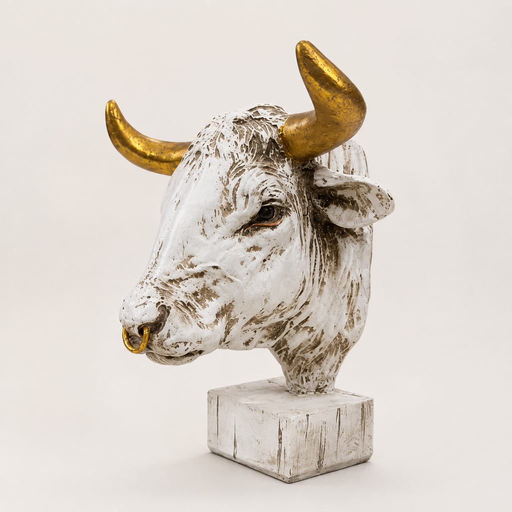 Antique ivory and gold bull head sculpture with nose ring, angled view