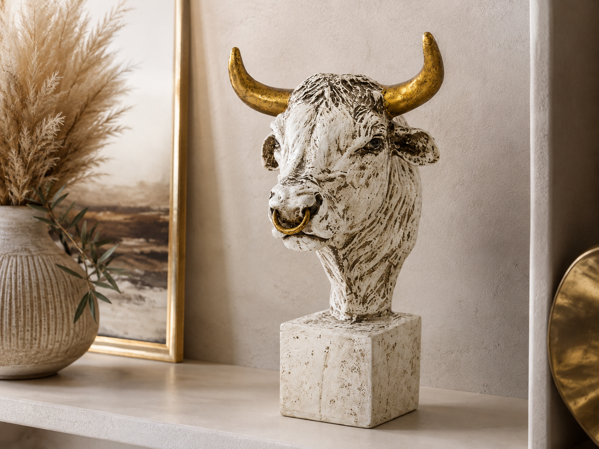 Antique ivory and gold bull head sculpture styled on a console
