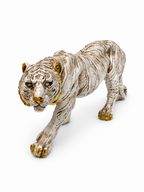 Front angled view of prowling white tiger decorative sculpture