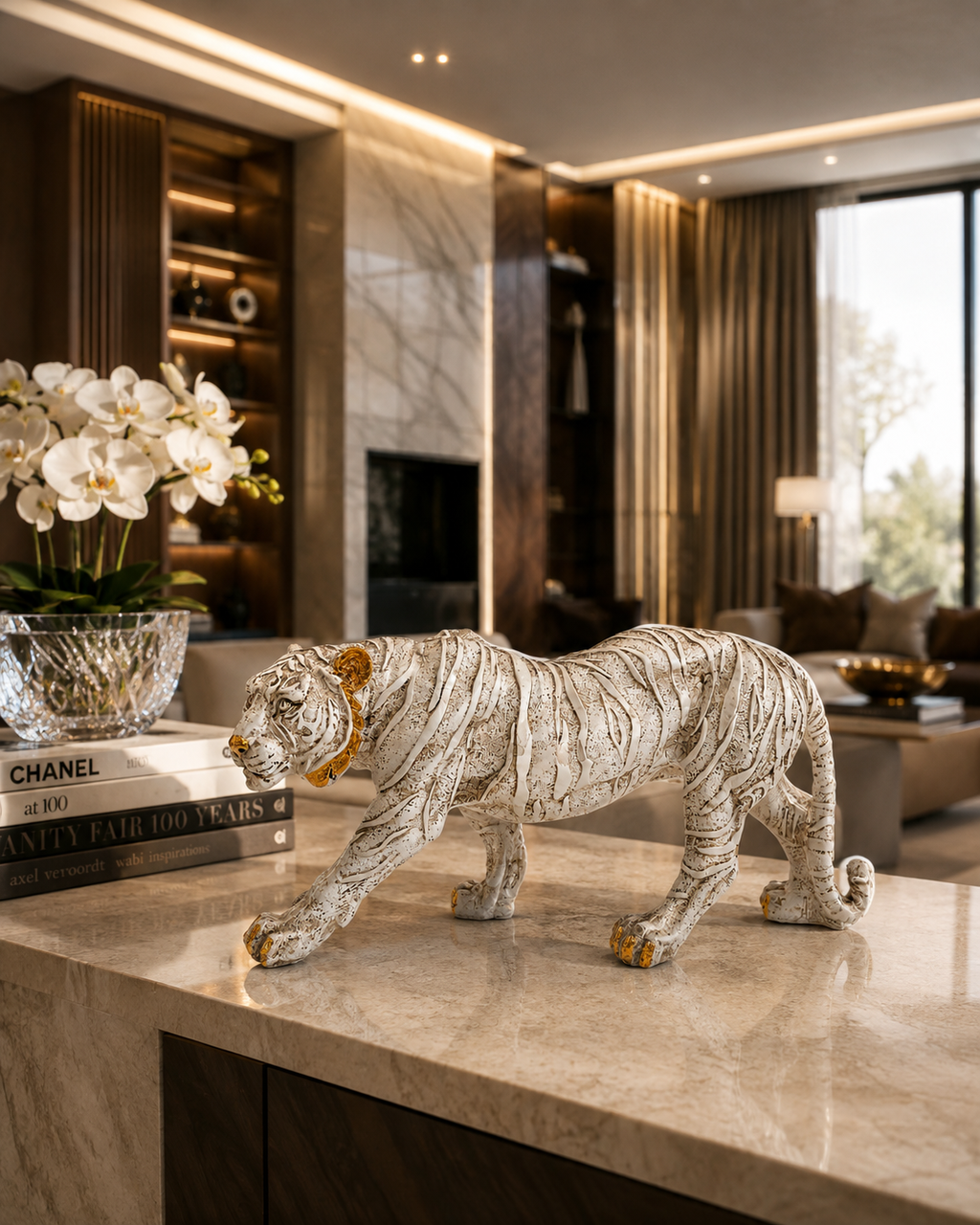 White and gold tiger sculpture displayed on a luxury console table