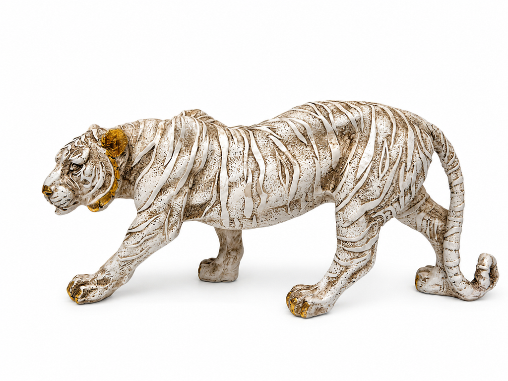 Opposite side view of antique white tiger sculpture with sculpted stripes