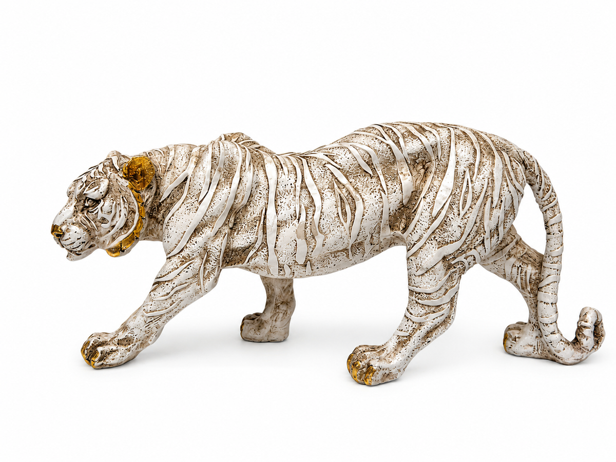 Opposite side view of antique white tiger sculpture with sculpted stripes