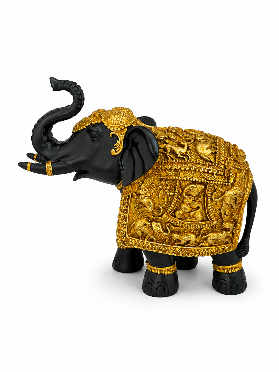 Side view of black and antique gold embossed elephant sculpture with raised trunk