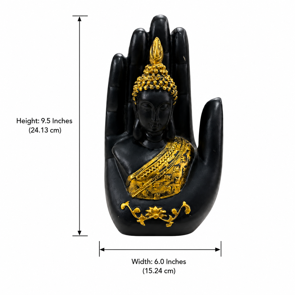 Blessing Palm Buddha sculpture dimensions: 9.5 inches high and 6 inches wide