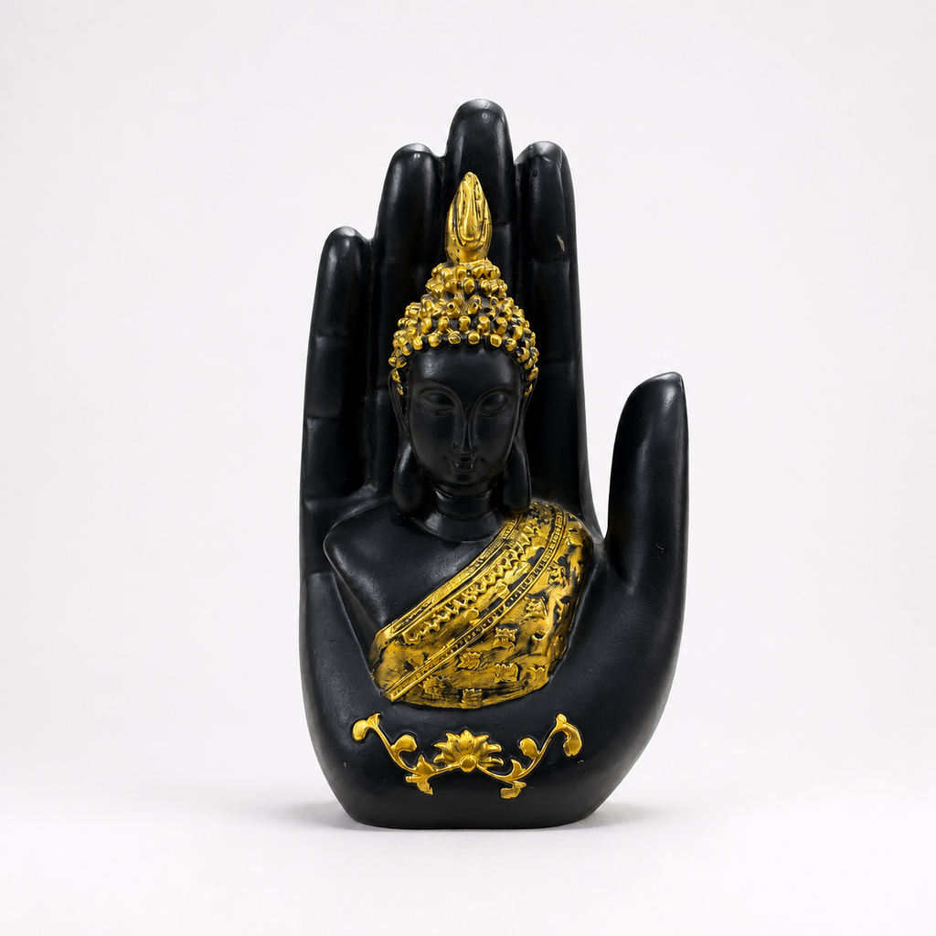 Black and gold Buddha figure framed within a blessing palm sculpture, front view