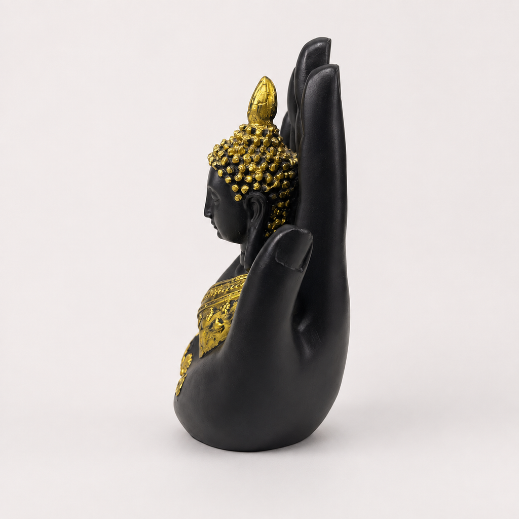 Black and gold Blessing Palm Buddha sculpture, left-side view