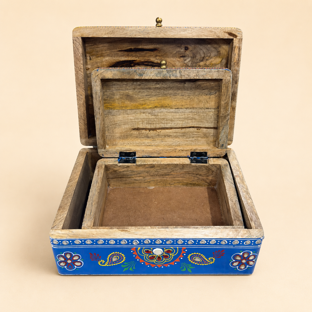 Cobalt Bloom set of two nesting keepsake boxes with both hinged lids open