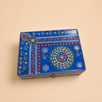 Top view of the Cobalt Bloom box showing its blue lid, floral medallion and patterned borders