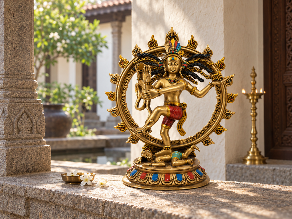 Gold-tone Nataraj Shiva idol displayed on a stone ledge in a sunlit courtyard