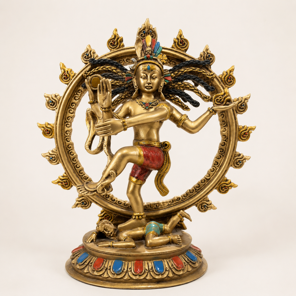 Cosmic Rhythm Nataraj Shiva idol in a dance pose within a flame-edged circular halo, front view