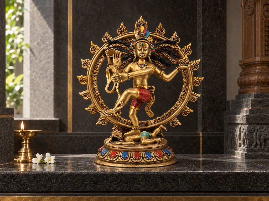 Nataraj Shiva idol on a dark stone altar beside a lamp and white flowers