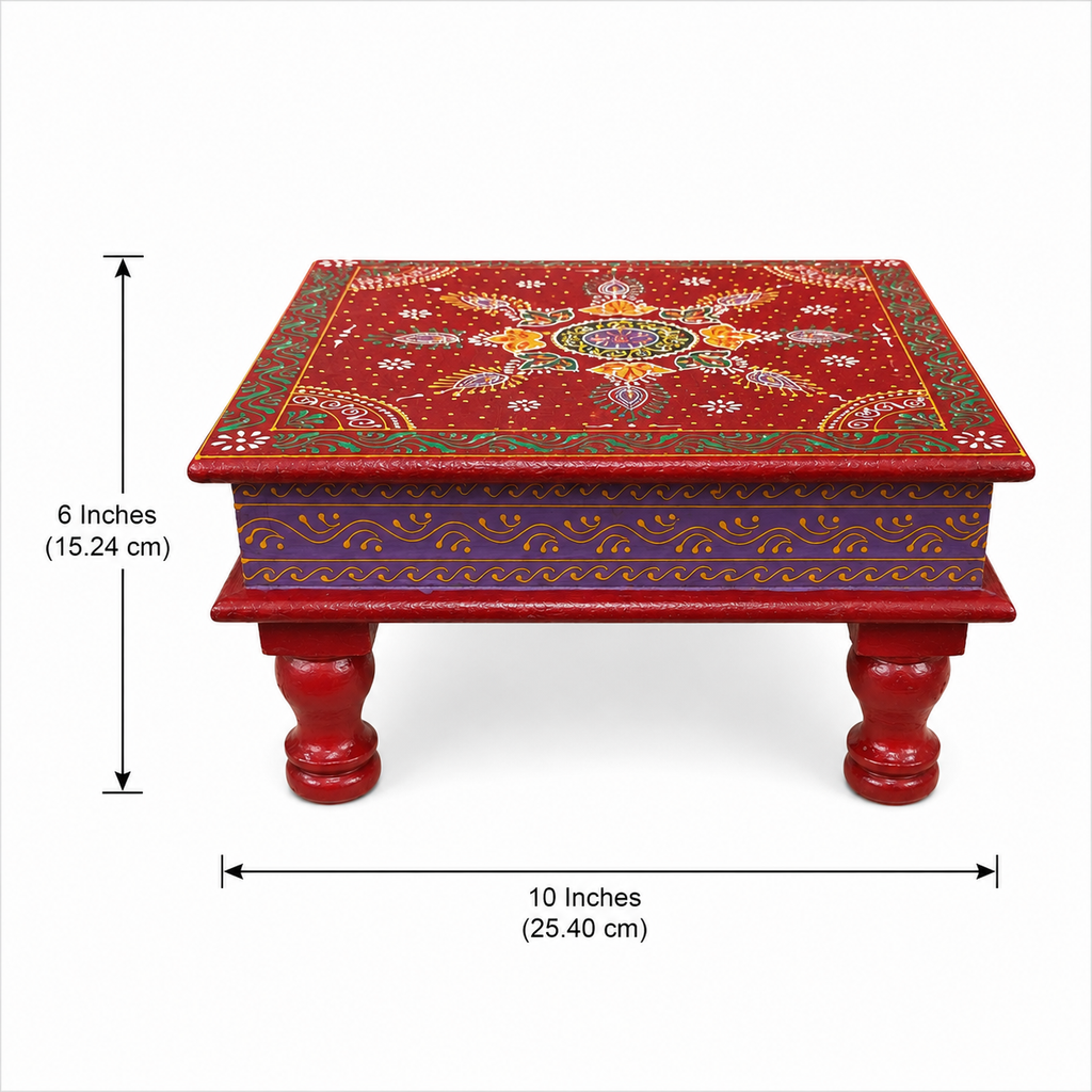Crimson Rangoli Square Decorative Chowki dimensions: 10 inches square and 6 inches high