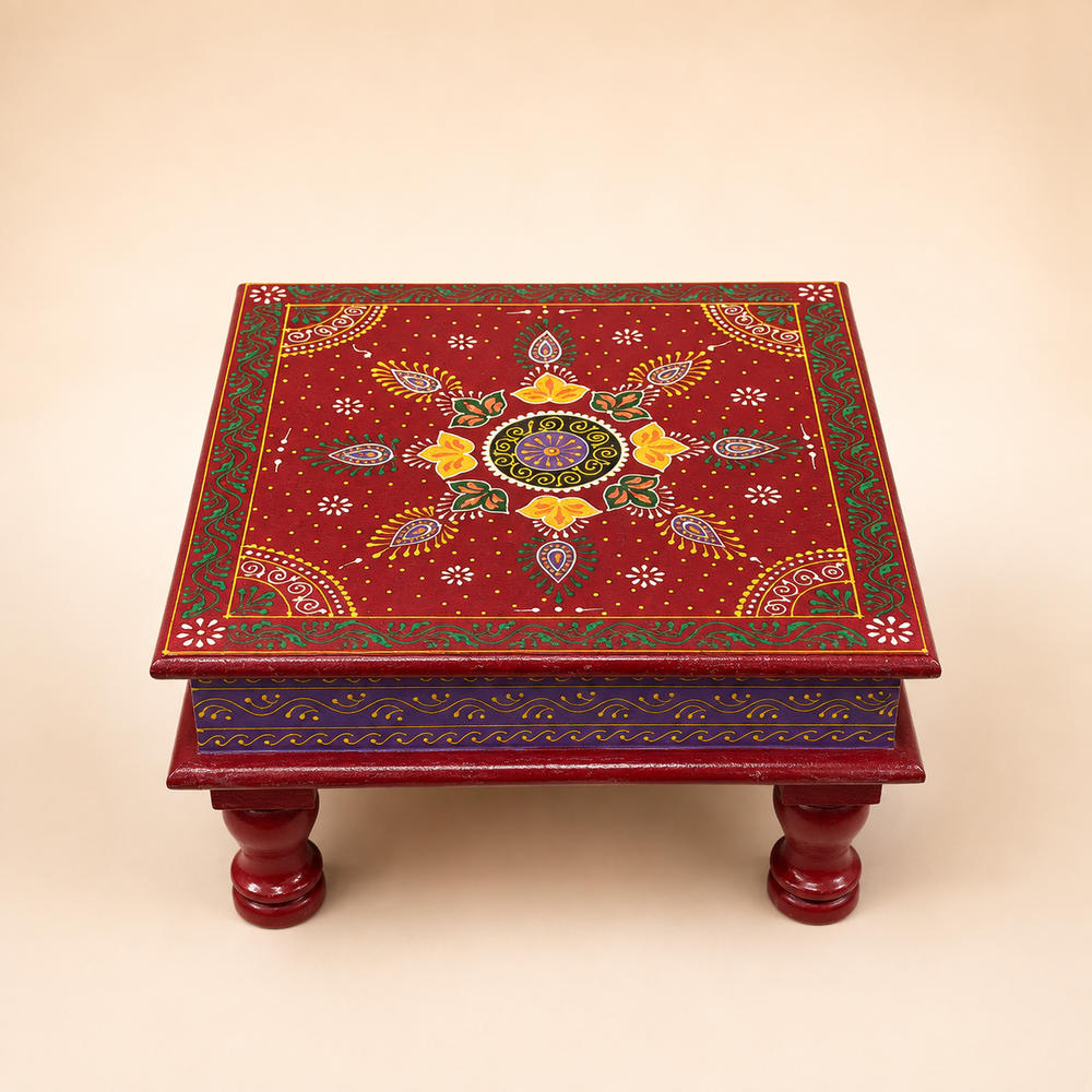 Front view of the Crimson Rangoli Square Decorative Chowki