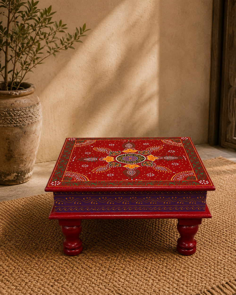 Crimson Rangoli Square Decorative Chowki styled in a warm interior