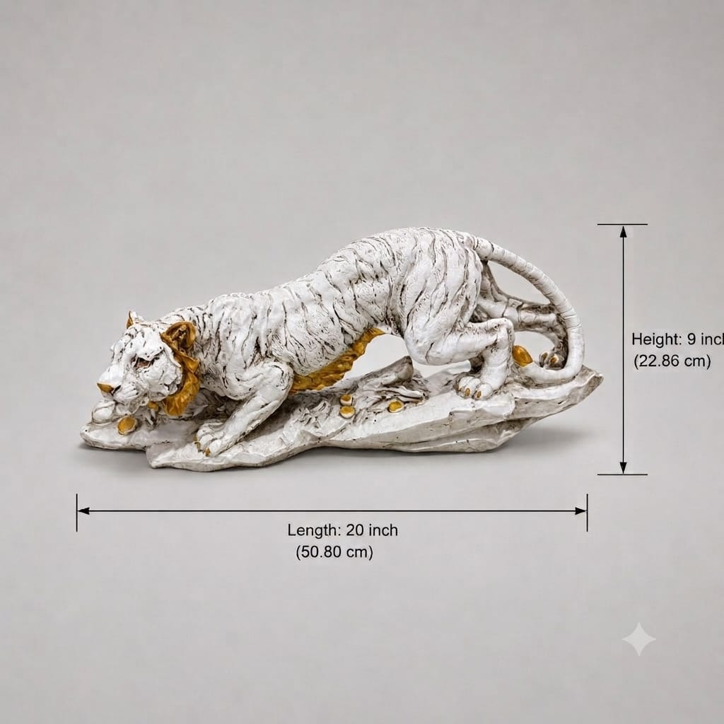 Crouching Majesty tiger sculpture with product dimensions