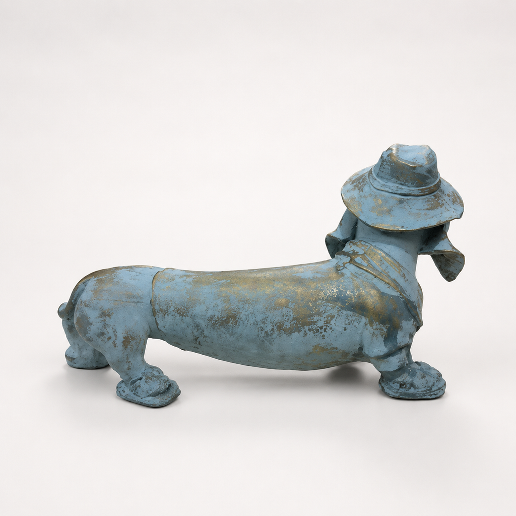 Blue and gold dachshund decorative sculpture wearing a hat, back view