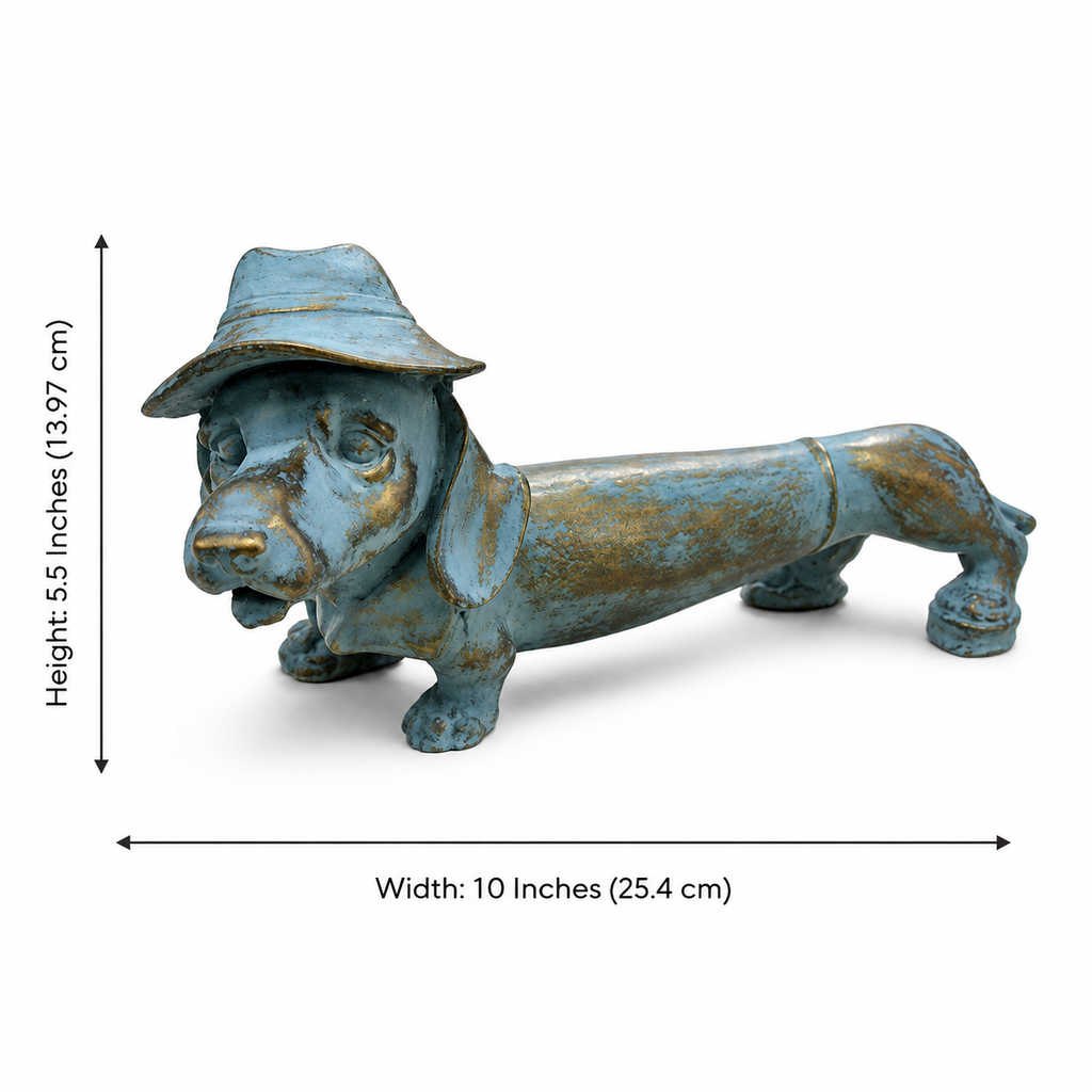 Blue dachshund sculpture dimensions, 10 inches wide and 5.5 inches high
