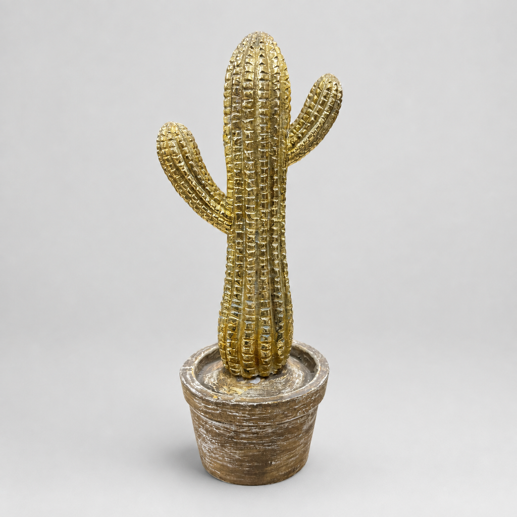 Desert Gleam gold-toned cactus decorative sculpture in a textured pot, front view